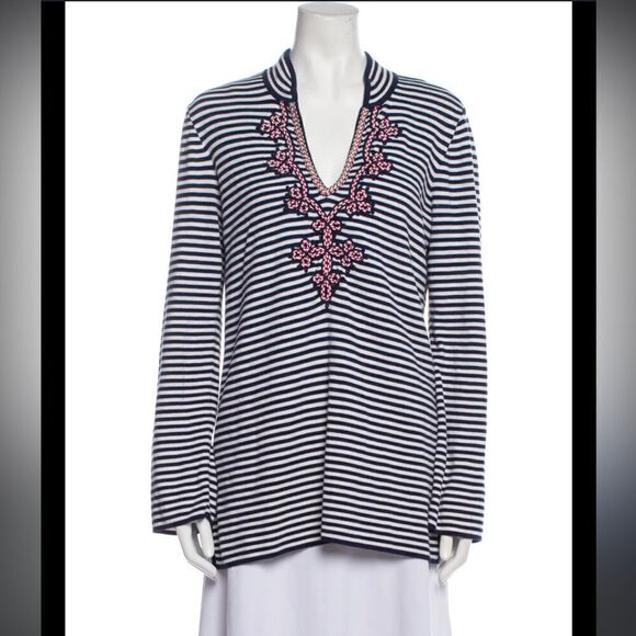 Tory Burch navy white stripe tunic long sleeve red embroidery medium m - Picture 2 of 7